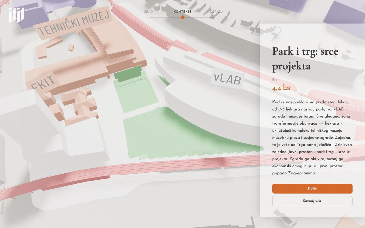 vlab.igv.hr: Park i trg, srce projekta, u modelu grada s Tehničkim muzejom i zgradom vLAB
